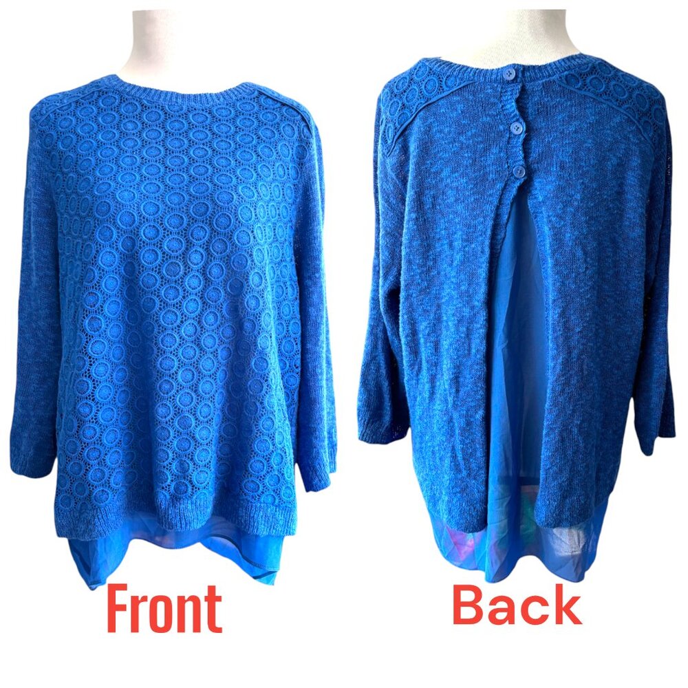 Lucky Brand‎ Womens Blue Crochet Lace Chiffon Back Split Button Sweater Large